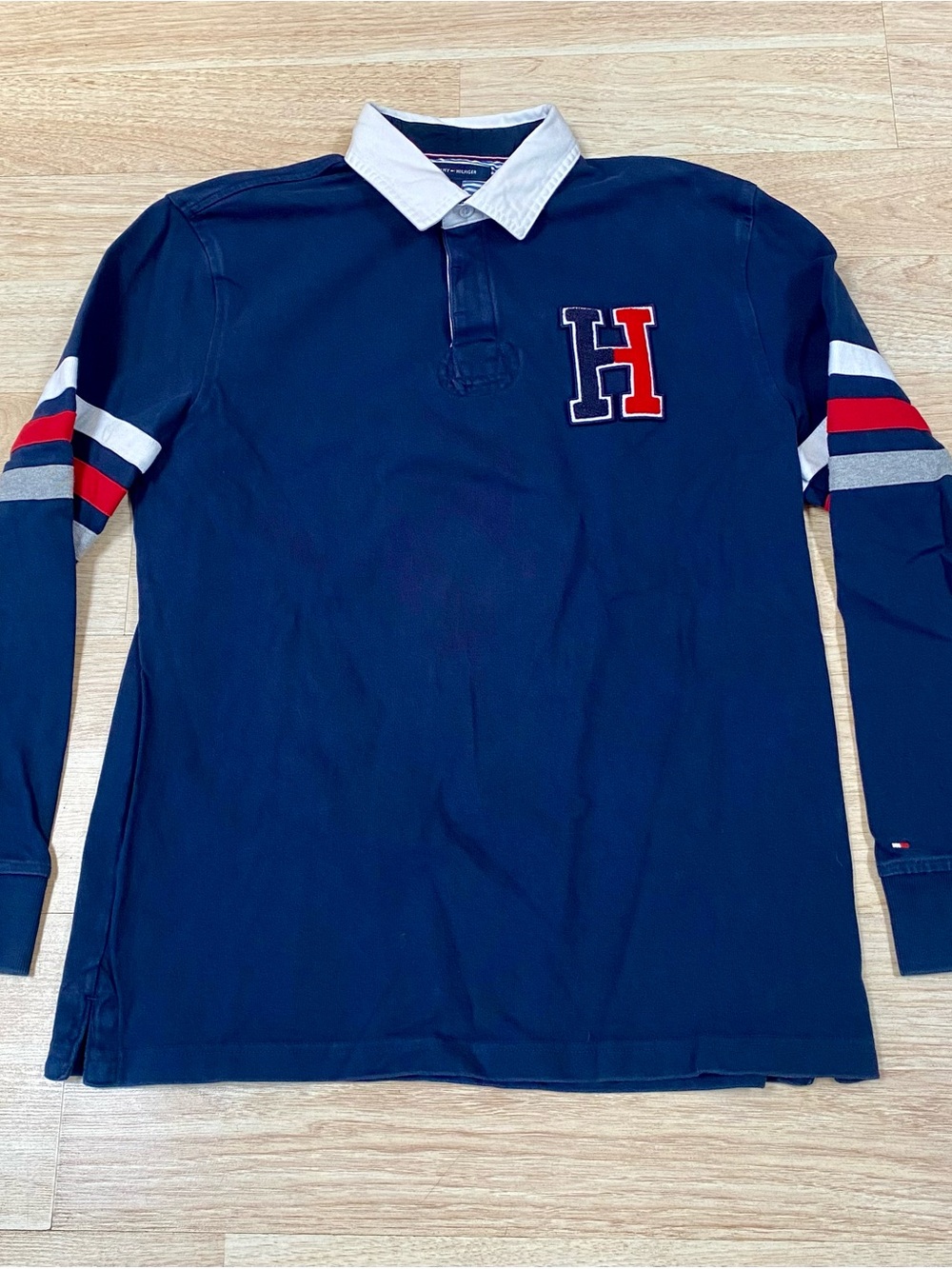 Tommy Hilfiger Rugby Shirt Men’s L Blue Long Sleeve 100% Cotton RWB Big “H” Polo